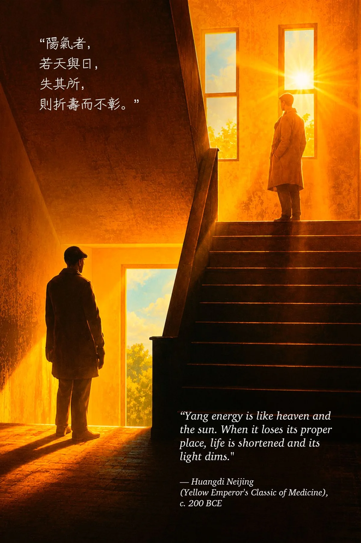 Light streaming through a staircase — Yang energy is like heaven and the sun.