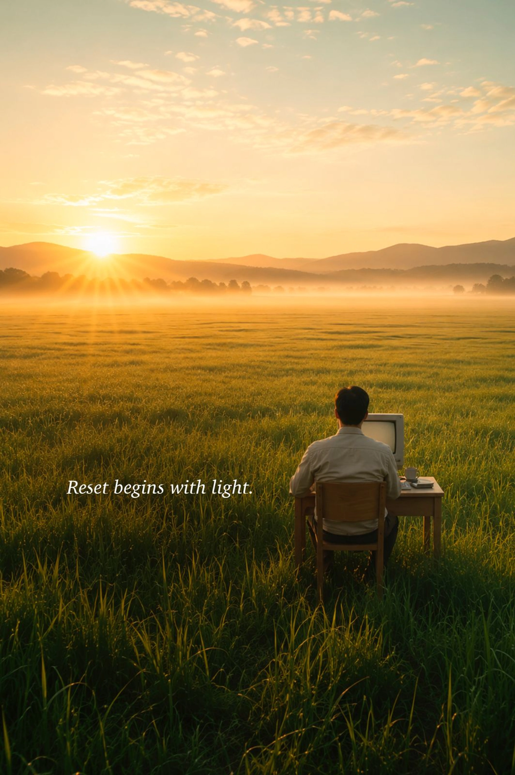 Man at a desk facing a misty sunrise — Reset begins with light.